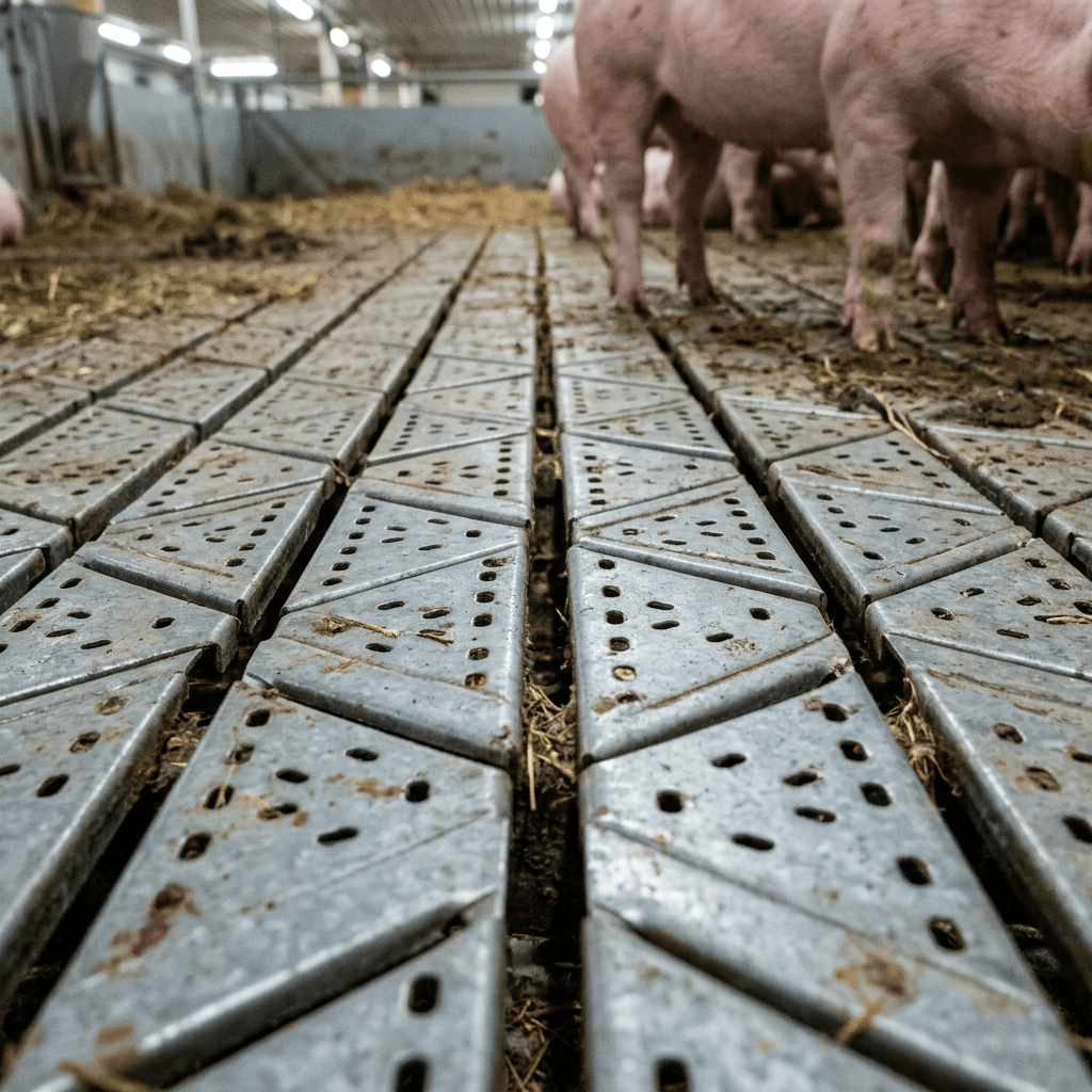 Metal slatted floor panels with triangular perforations under pigs in a barn